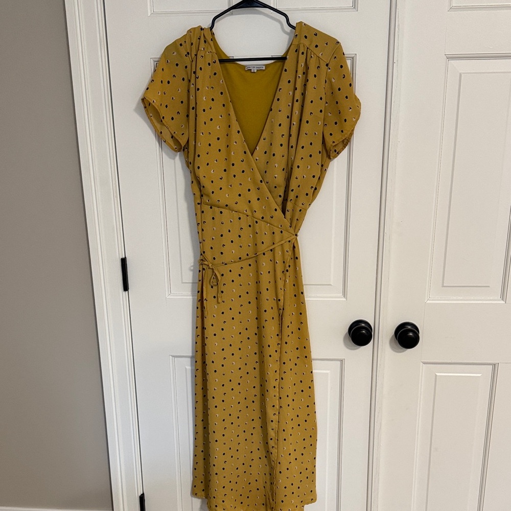Mustard Yellow Polka Dot Midi Wrap Dress - Women